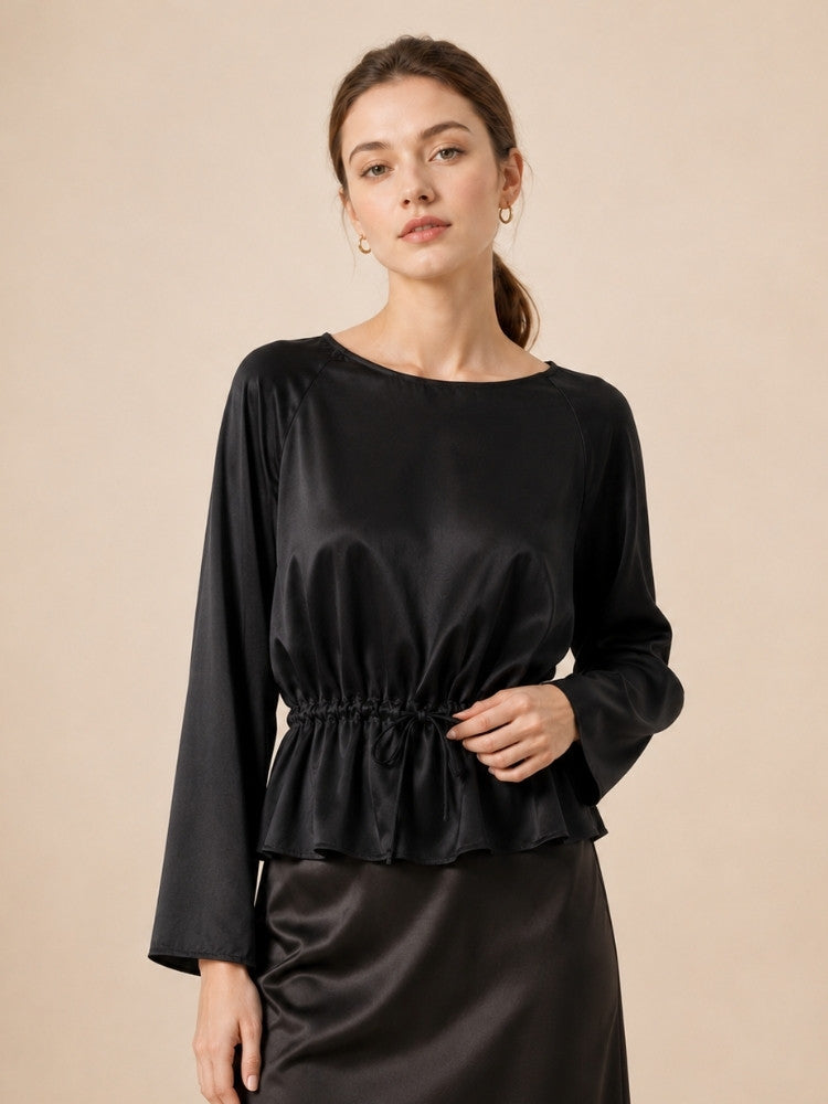 Virellea - Black Drawstring Silk Blouse | The Silk Avenue