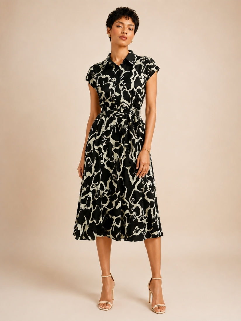 Laurel - Botanical Print Silk Midi Dress Black | The Silk Avenue