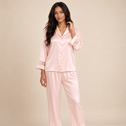 Ysenda - Pink Silk Lace Pajama Set | The Silk Avenue
