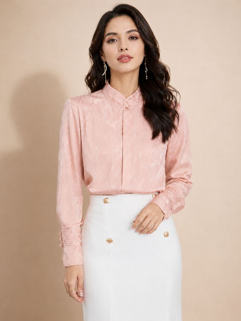 Abigail - Pink Jacquard Silk Blouse | The Silk Avenue