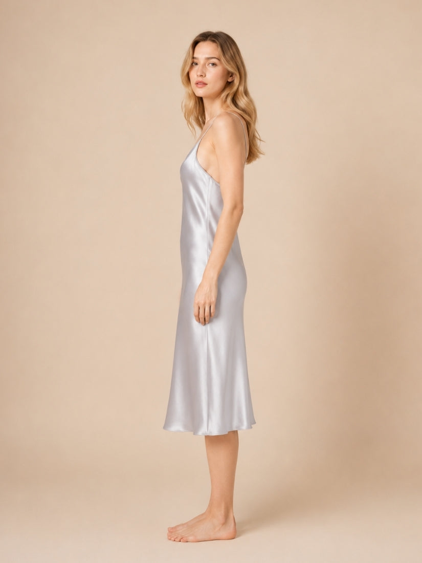 Alana - Silver Cross-Back Silk Slip Dress | The Silk Avenue