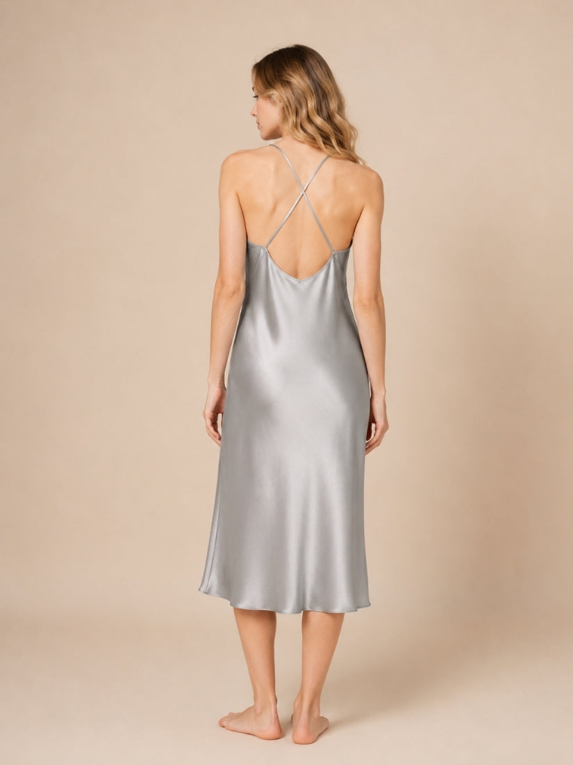 Alana - Silver Cross-Back Silk Slip Dress | The Silk Avenue