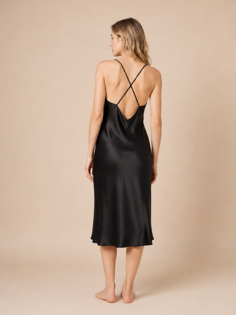 Alana - Black Cross-Back Silk Slip Dress | The Silk Avenue