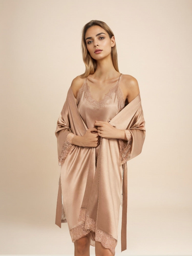 Alenia - Lace-Trim Silk Robe Set | The Silk Avenue
