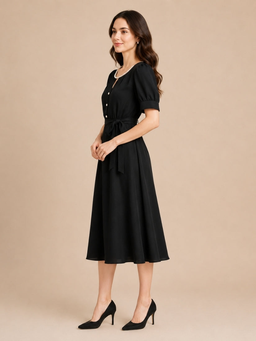 Alice - Pearl-Neckline Silk Midi Dress Black | The Silk Avenue