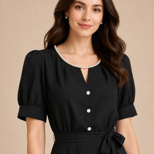 Alice - Pearl-Neckline Silk Midi Dress Black | The Silk Avenue