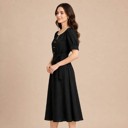 Alice - Pearl-Neckline Silk Midi Dress Black | The Silk Avenue