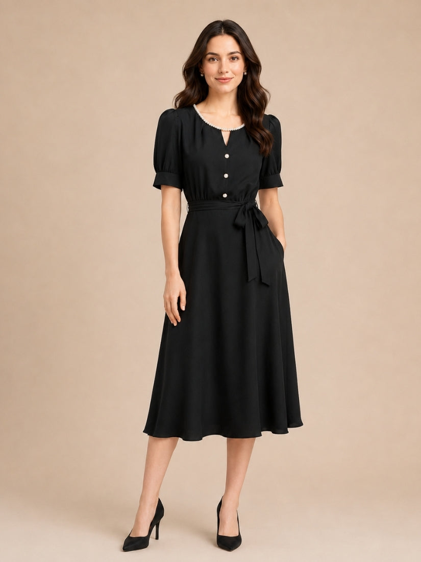 Alice - Pearl-Neckline Silk Midi Dress Black | The Silk Avenue