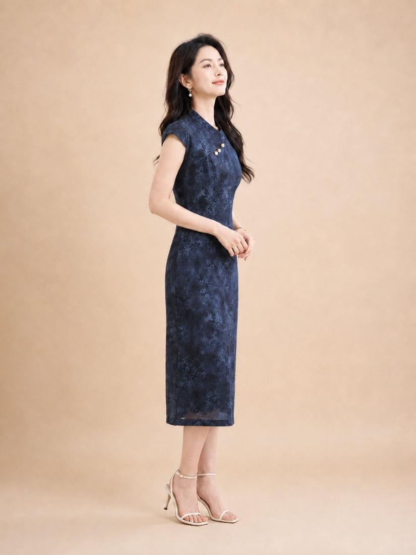 Amber - Mandarin-Collar Silk Midi Dress Navy | The Silk Avenue