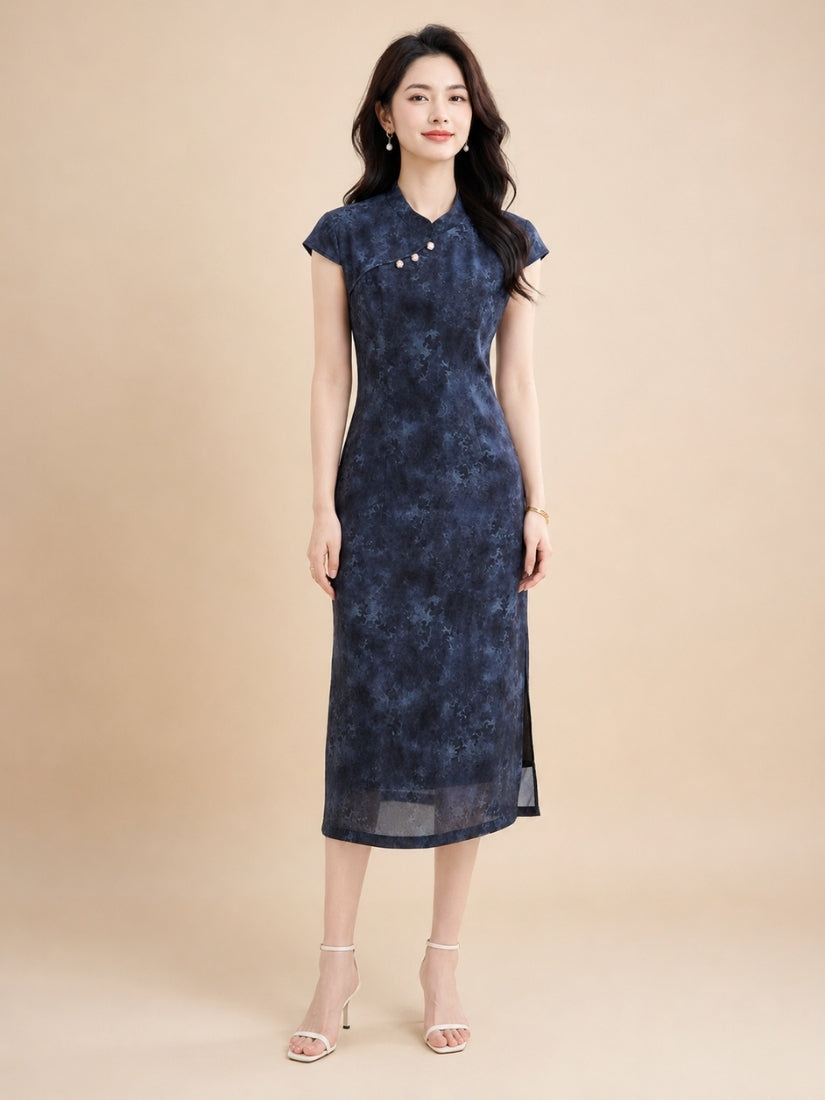 Amber - Mandarin-Collar Silk Midi Dress Navy | The Silk Avenue