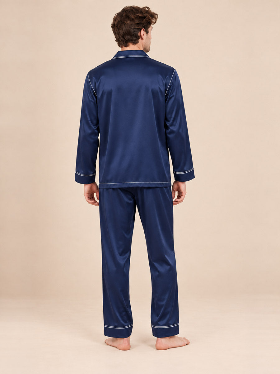 Aurelian - Navy Embroidered Silk Pajama Set | The Silk Avenue