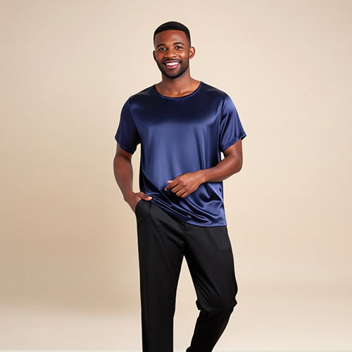 Aurian - Navy Silk Crew-Neck T-Shirt | The Silk Avenue