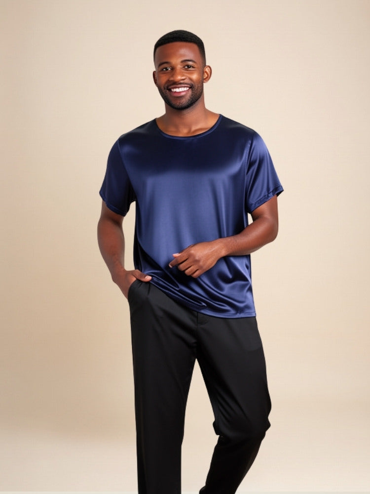 Aurian - Navy Silk Crew-Neck T-Shirt | The Silk Avenue