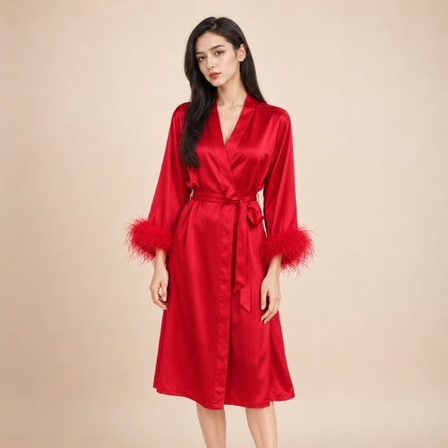 Aylenis - Red Silk Feather Cuff Robe | The Silk Avenue