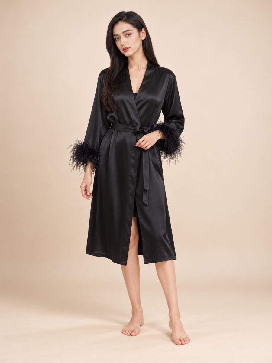 Aylenis - Black Silk Feather Cuff Robe | The Silk Avenue