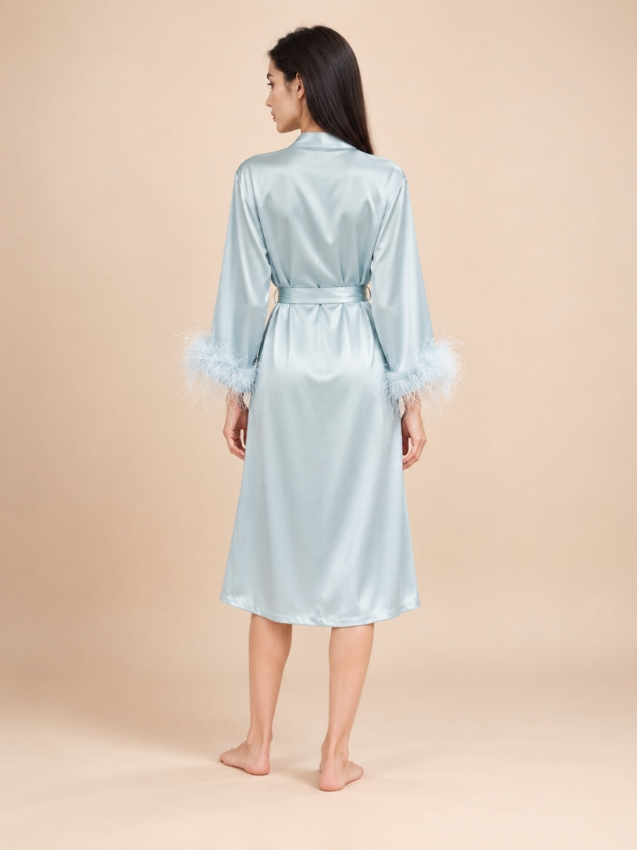 Aylenis - Light Blue Silk Feather Cuff Robe | The Silk Avenue