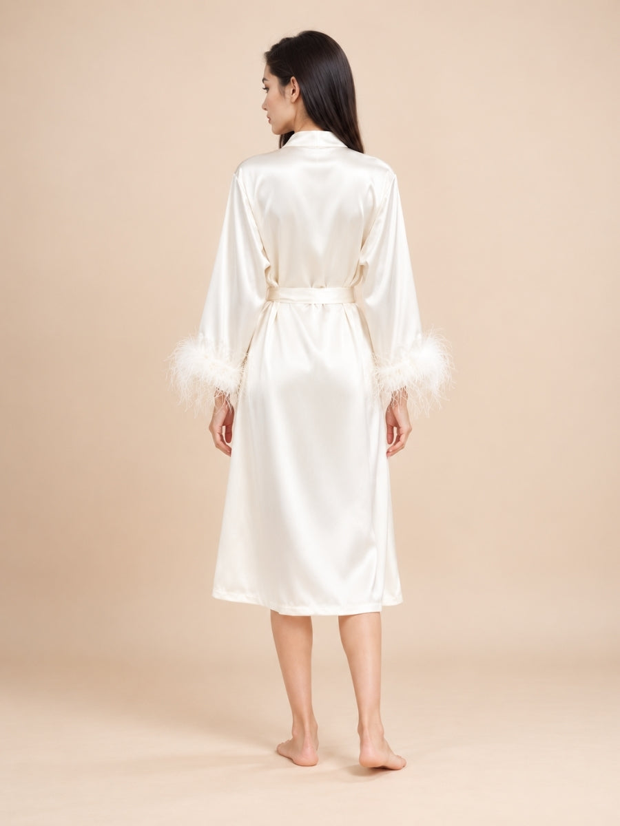 Aylenis - White Silk Feather Cuff Robe | The Silk Avenue