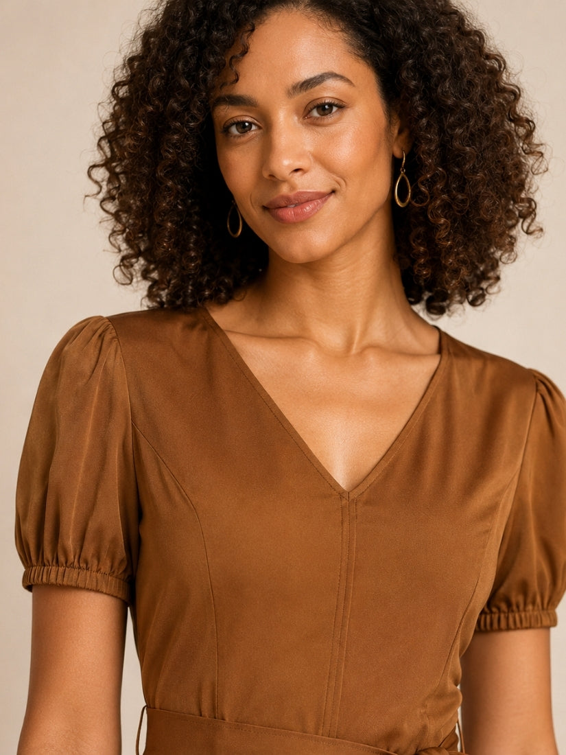 Caroline - V-Neck Silk Midi Dress Camel | The Silk Avenue