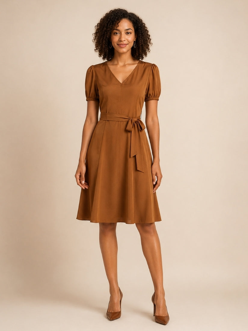 Caroline - V-Neck Silk Midi Dress Camel | The Silk Avenue