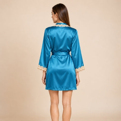 Cirelle - Emerald Blue Silk Lace Trim Wrap Robe | The Silk Avenue