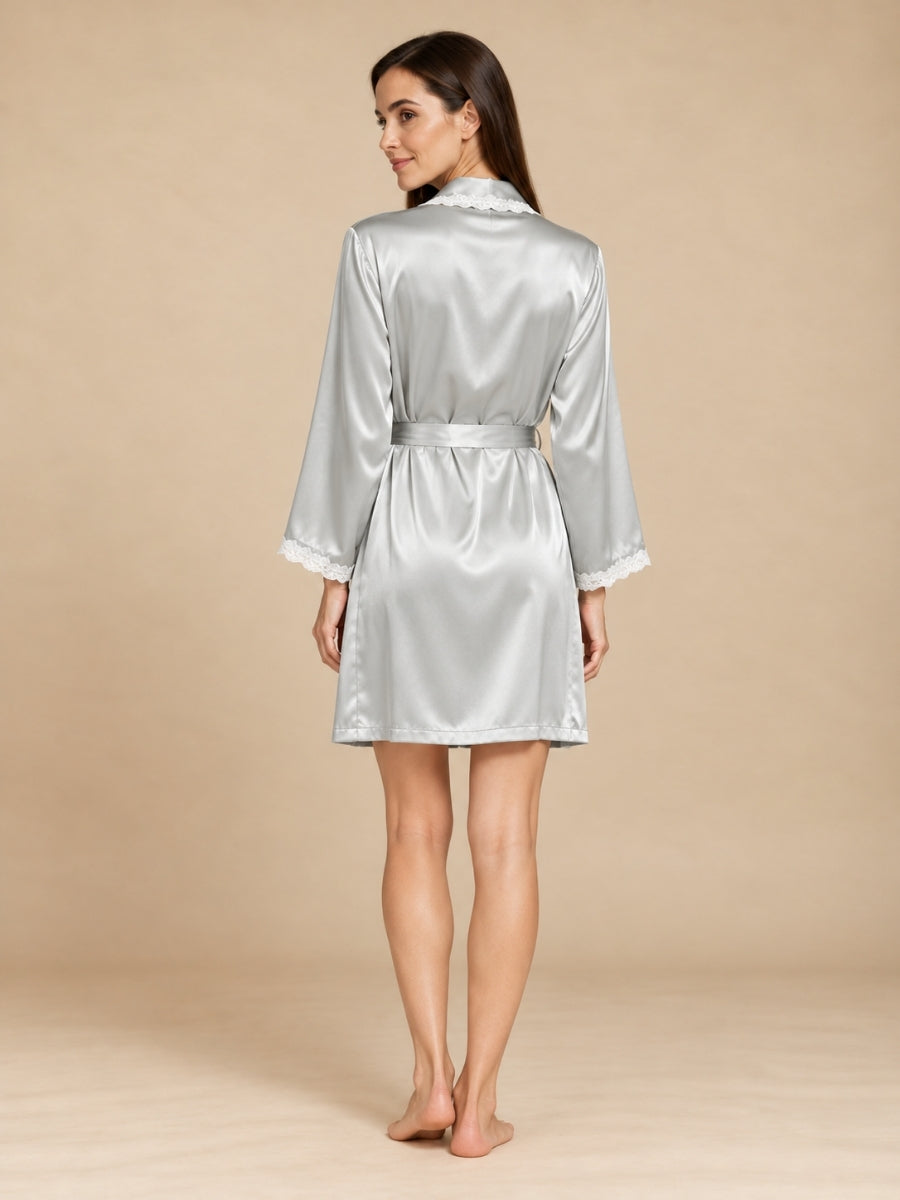 Cirelle - Light Gray Silk Lace Trim Wrap Robe | The Silk Avenue