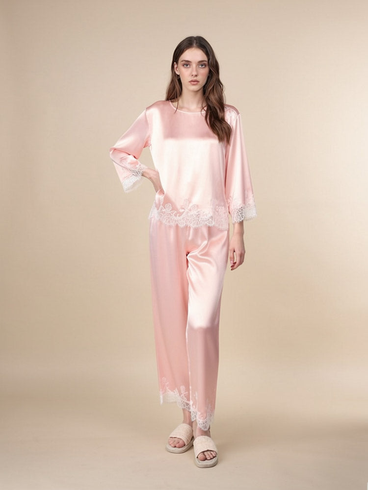Daevina Long Sleeve Lace Hem Silk Pajama Set | The Silk Avenue