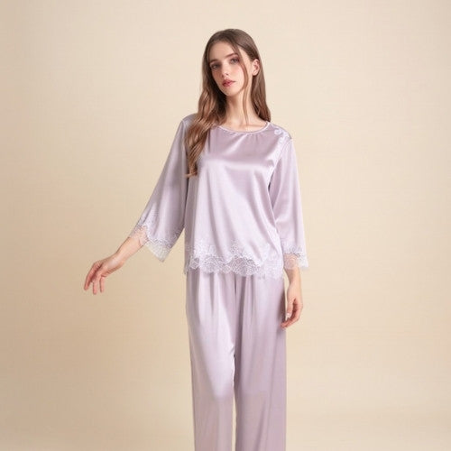 Daevina Long Sleeve Lace Hem Silk Pajama Set | The Silk Avenue