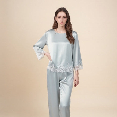 Daevina Long Sleeve Lace Hem Silk Pajama Set | The Silk Avenue
