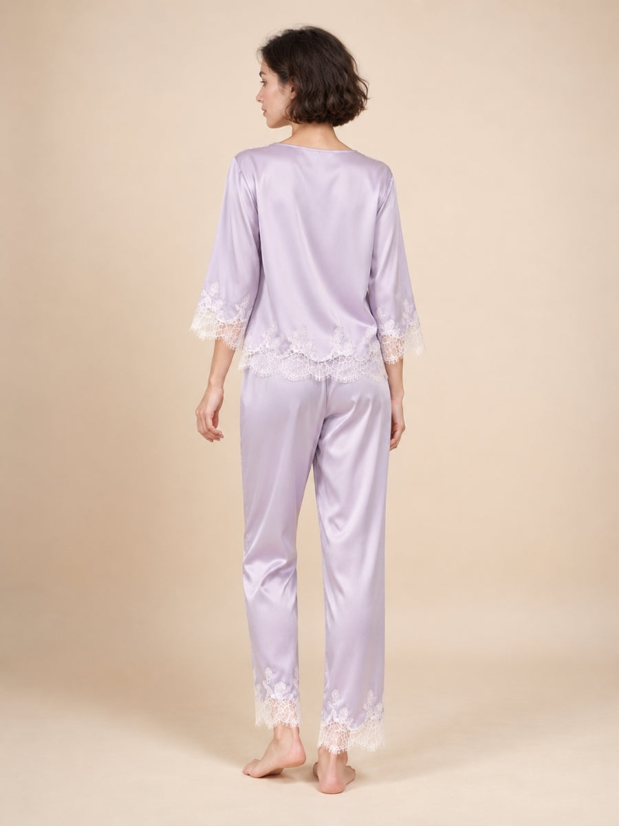 Daevina Lavender Long Sleeve Lace Hem Silk Pajama Set | The Silk Avenue