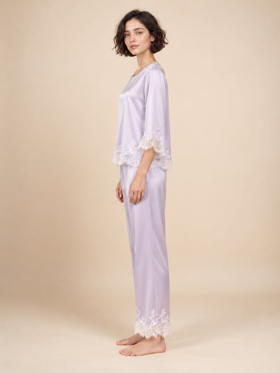 Daevina Lavender Long Sleeve Lace Hem Silk Pajama Set | The Silk Avenue