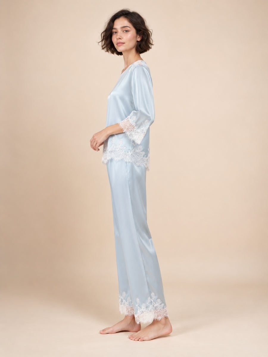 Daevina Light Blue Long Sleeve Lace Hem Silk Pajama Set | The Silk Avenue