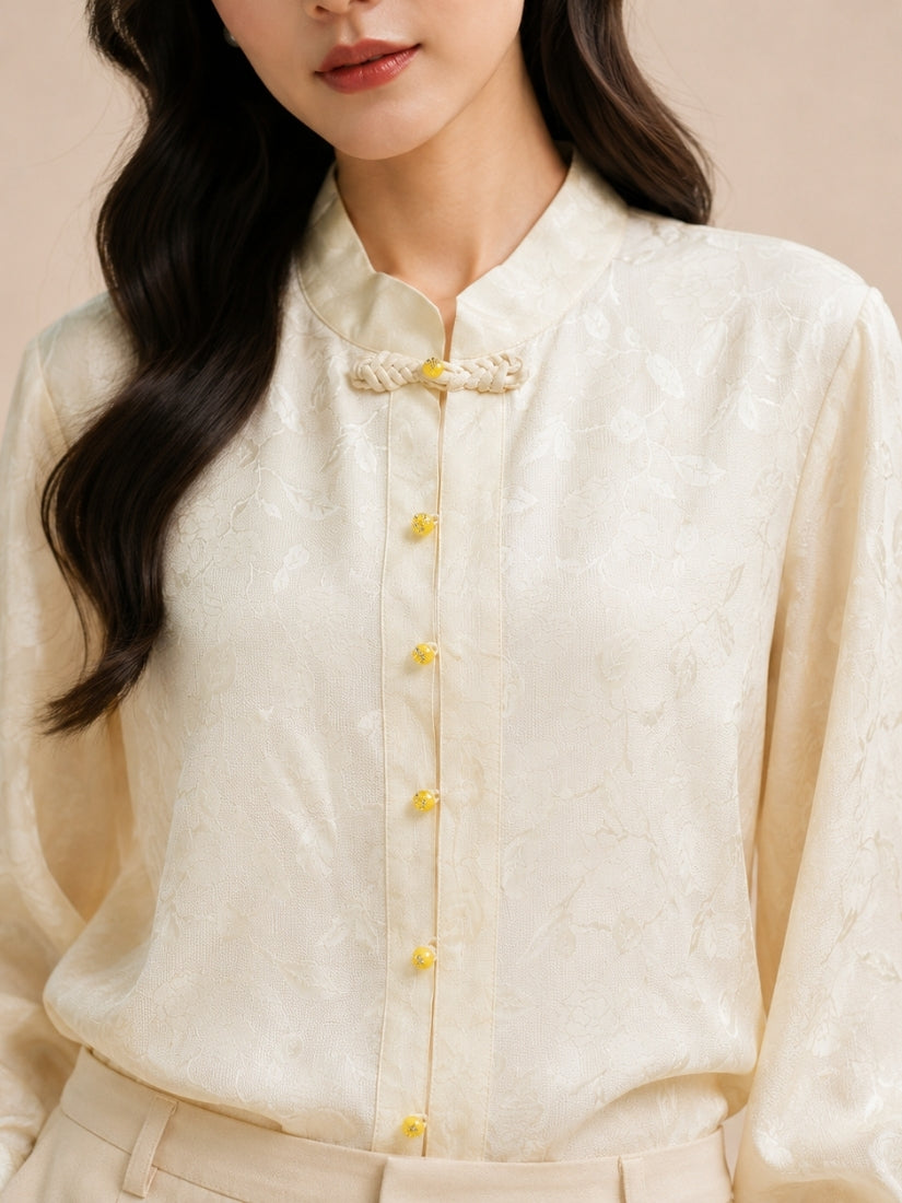 Dahlia - Mandarin Collar Silk Jacquard Blouse Ivory | The Silk Avenue