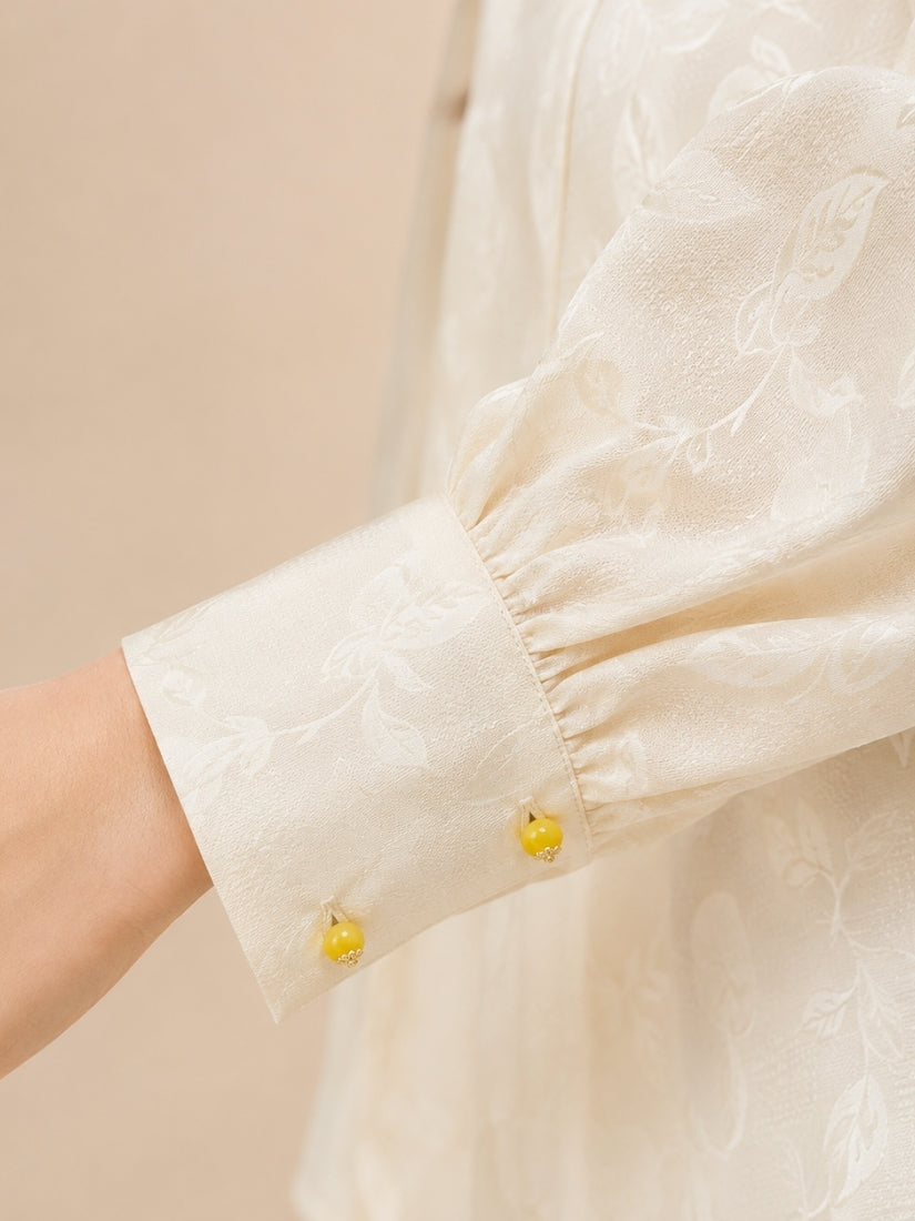 Dahlia - Mandarin Collar Silk Jacquard Blouse Ivory | The Silk Avenue