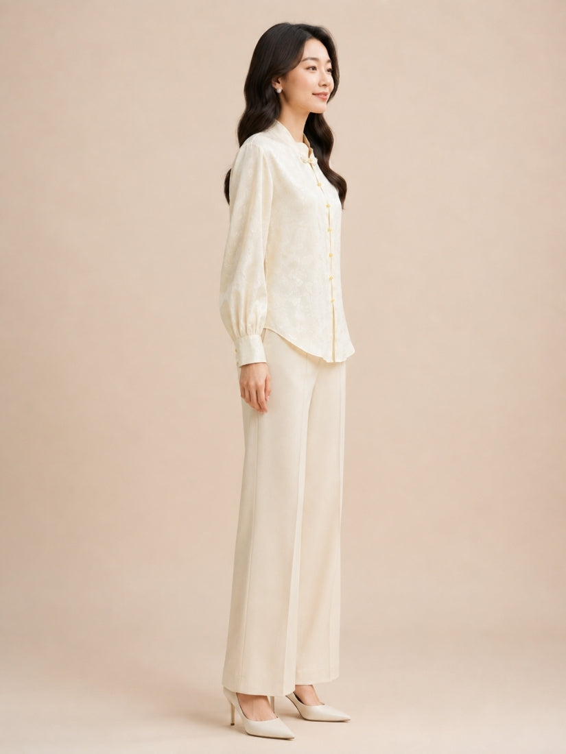Dahlia - Mandarin Collar Silk Jacquard Blouse Ivory | The Silk Avenue