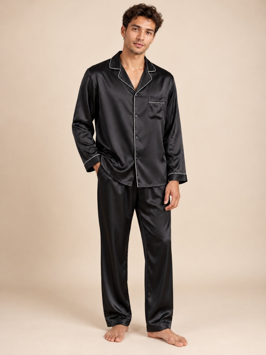 Darel - Black Long-Sleeve Silk Pajama Set | The Silk Avenue
