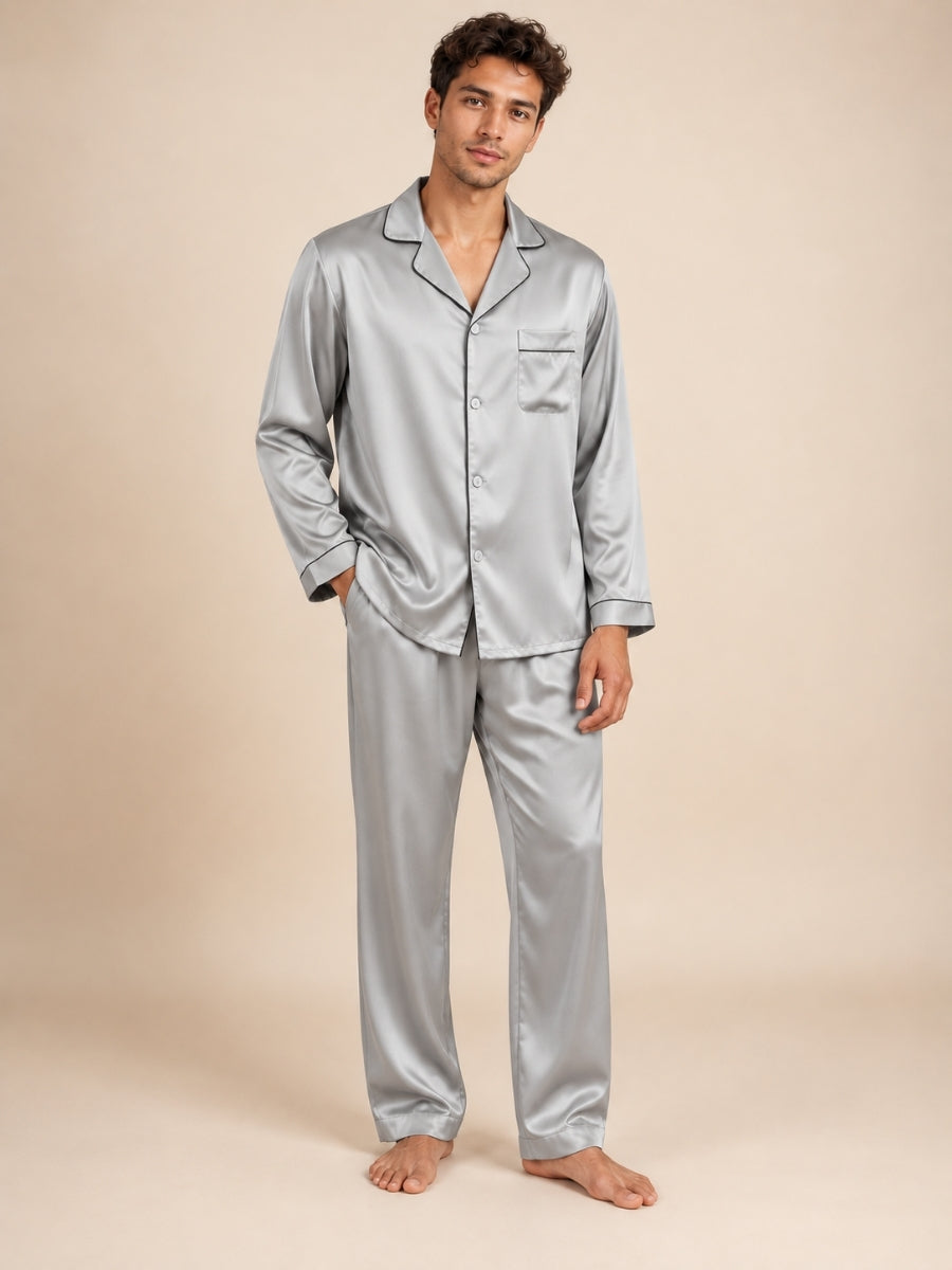 Darel - Light Gray Long-Sleeve Silk Pajama Set | The Silk Avenue