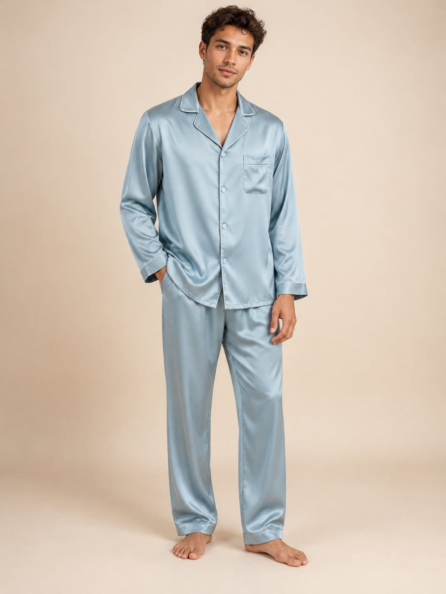 Darel - Light Blue Long-Sleeve Silk Pajama Set | The Silk Avenue