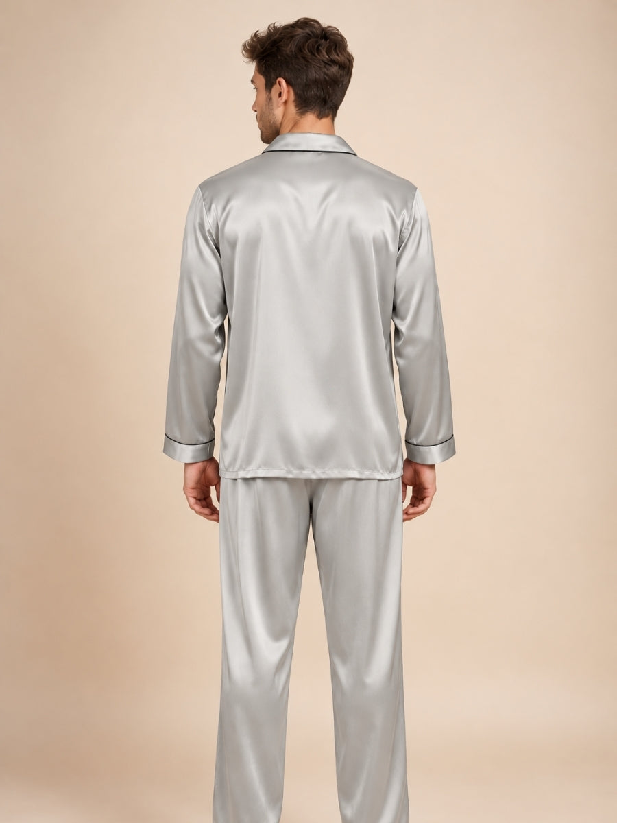 Darel - Light Gray Long-Sleeve Silk Pajama Set | The Silk Avenue