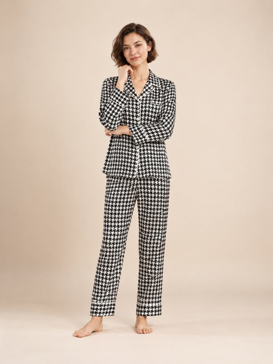Daryssa - Black Houndstooth Silk Pajama Set | The Silk Avenue