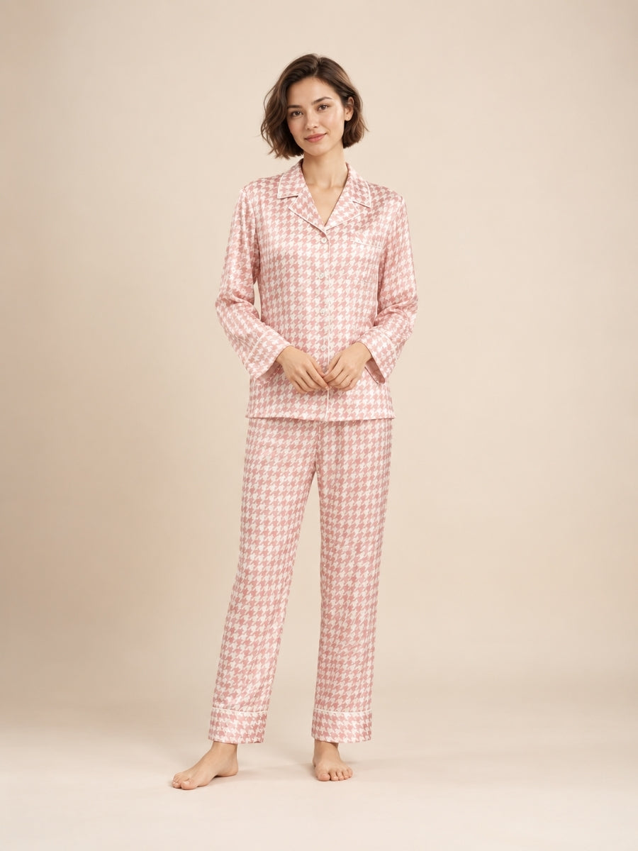 Daryssa - Pink Houndstooth Silk Pajama Set | The Silk Avenue