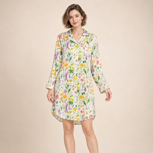 Eirisse - Floral Print Botanical Silk Shirt Dress | The Silk Avenue