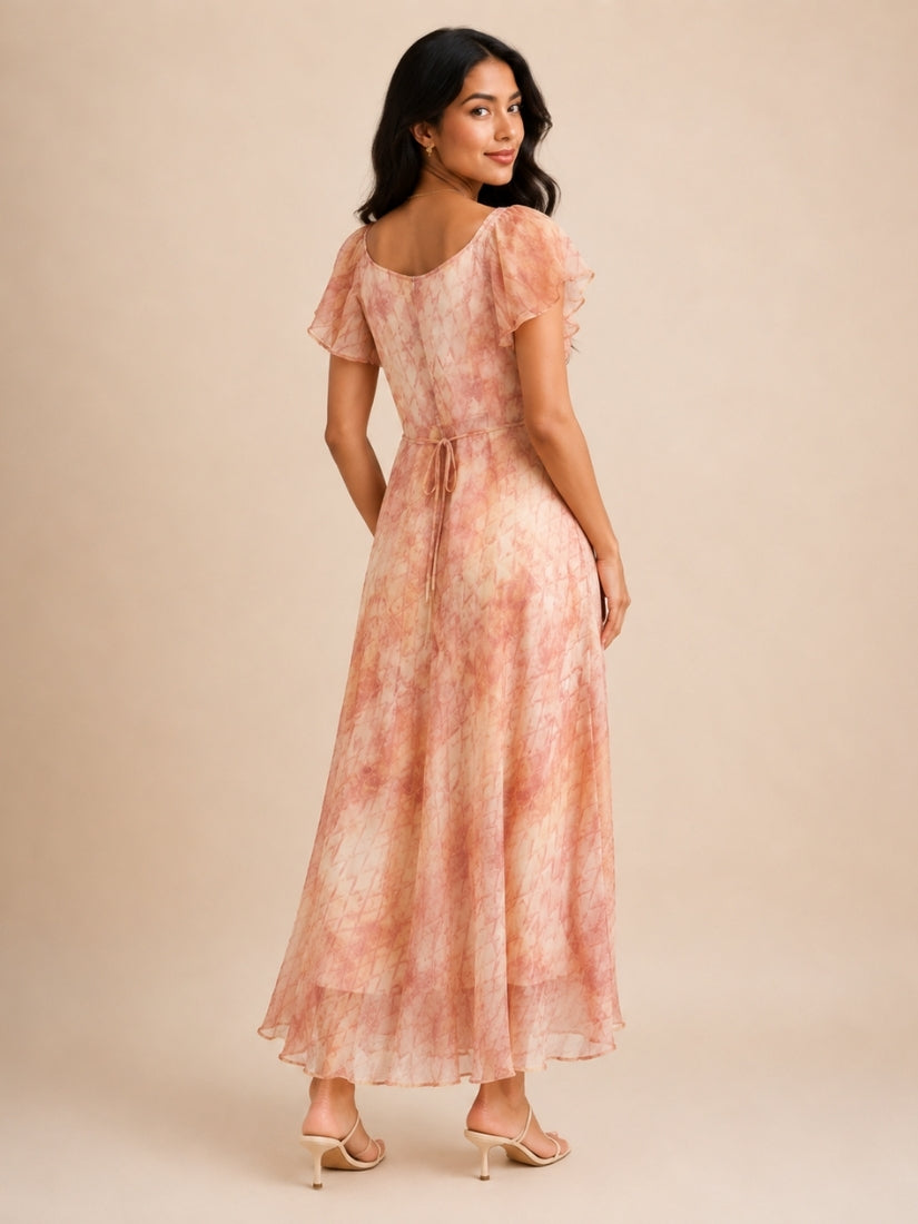 Elaine - Watercolor Print Silk Maxi Dress Blush Peach | The Silk Avenue