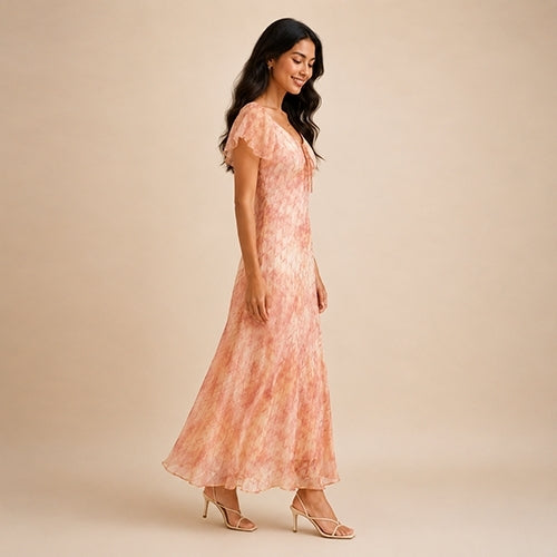 Elaine - Watercolor Print Silk Maxi Dress Blush Peach | The Silk Avenue