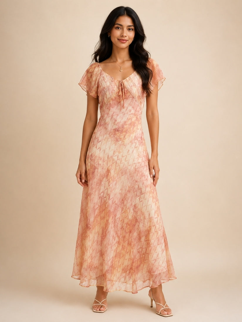 Elaine - Watercolor Print Silk Maxi Dress Blush Peach | The Silk Avenue