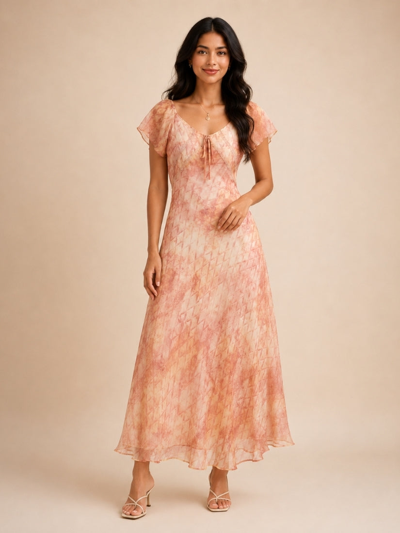 Elaine - Watercolor Print Silk Maxi Dress Blush Peach | The Silk Avenue