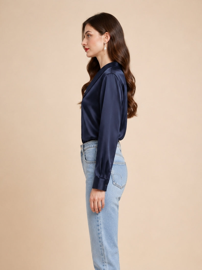 Eleanor – Navy Pointed Collar Silk Blouse | The Silk Avenue