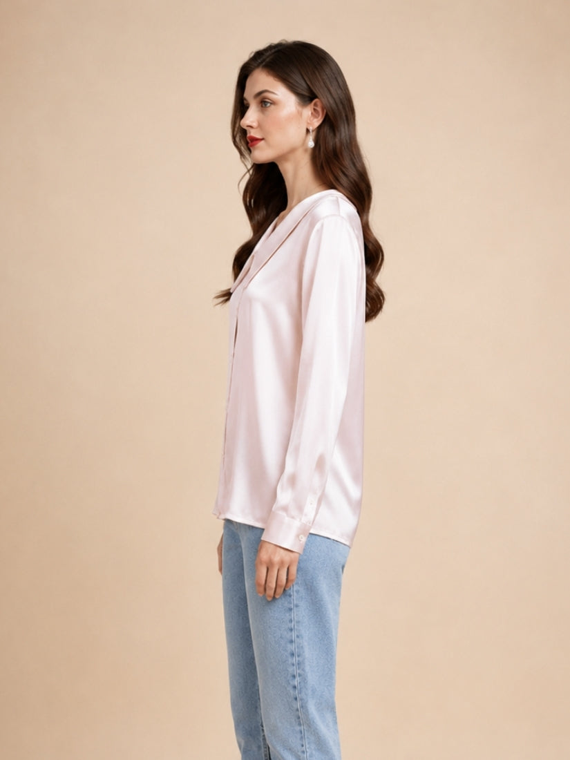 Eleanor – Blush Pink Pointed Collar Silk Blouse | The Silk Avenue