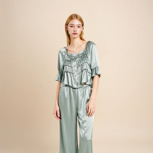 Elissina French Smocked Silk Pajama Set | The Silk Avenue