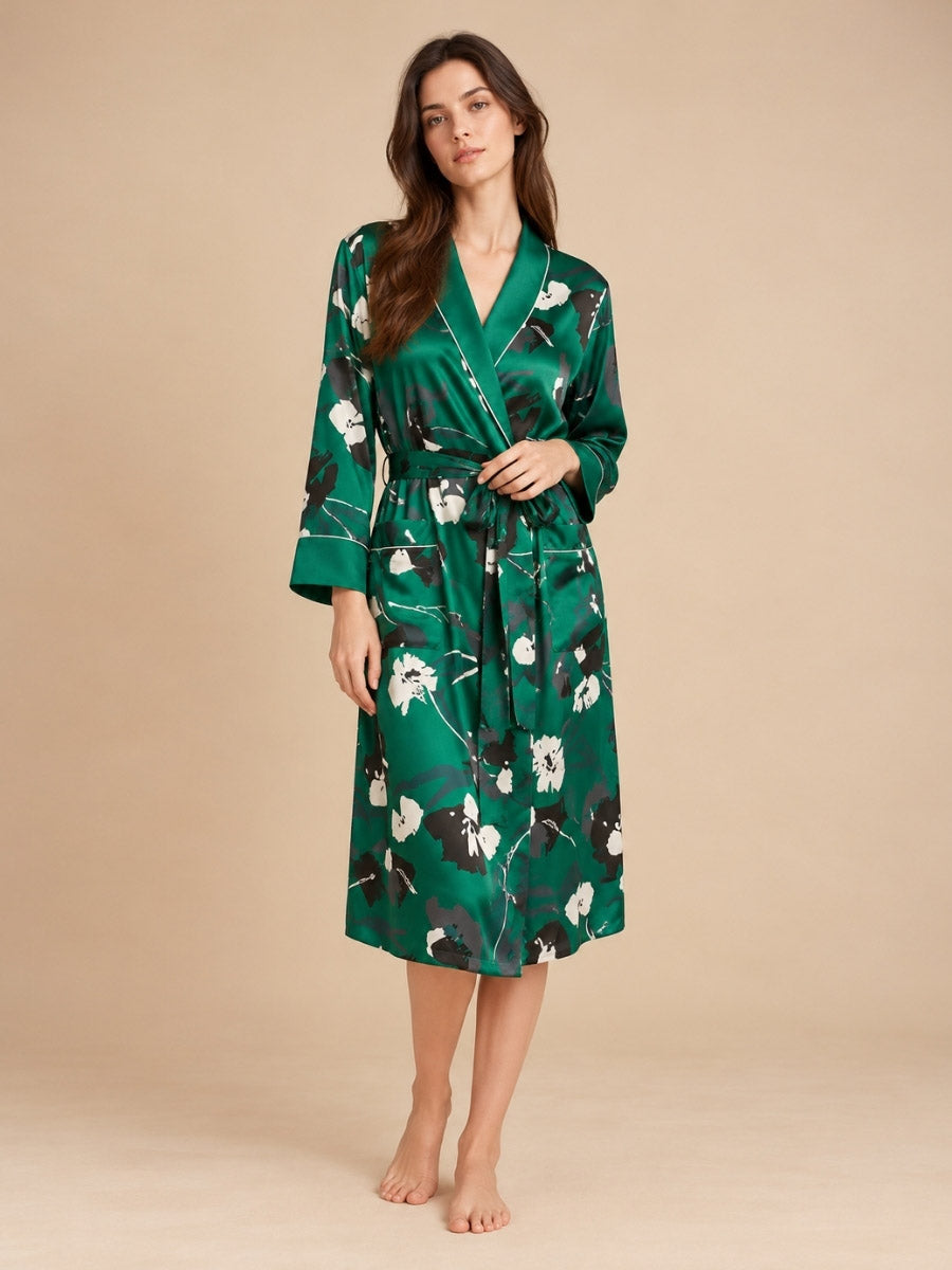 Ellyssa - Green Floral Print Silk Robe Set | The Silk Avenue