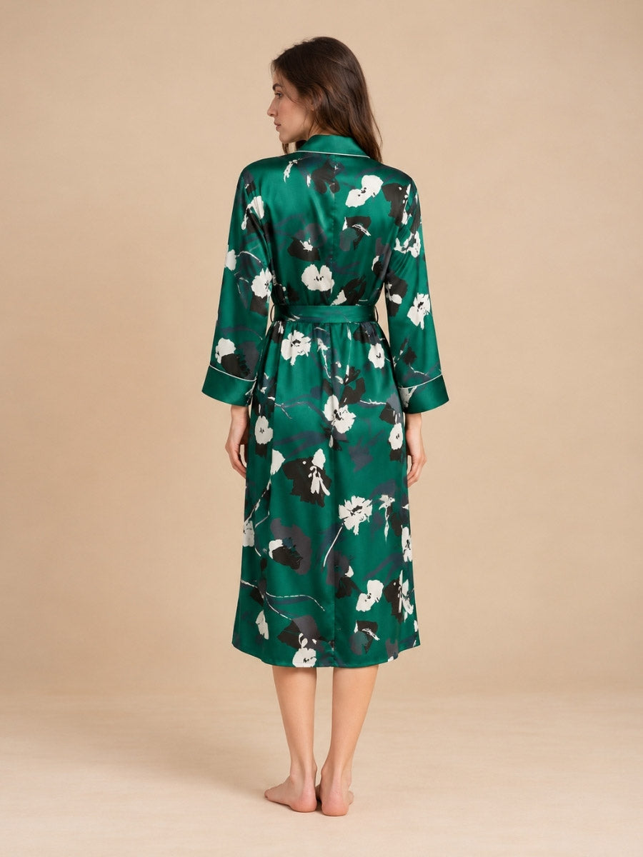 Ellyssa - Green Floral Print Silk Robe Set | The Silk Avenue